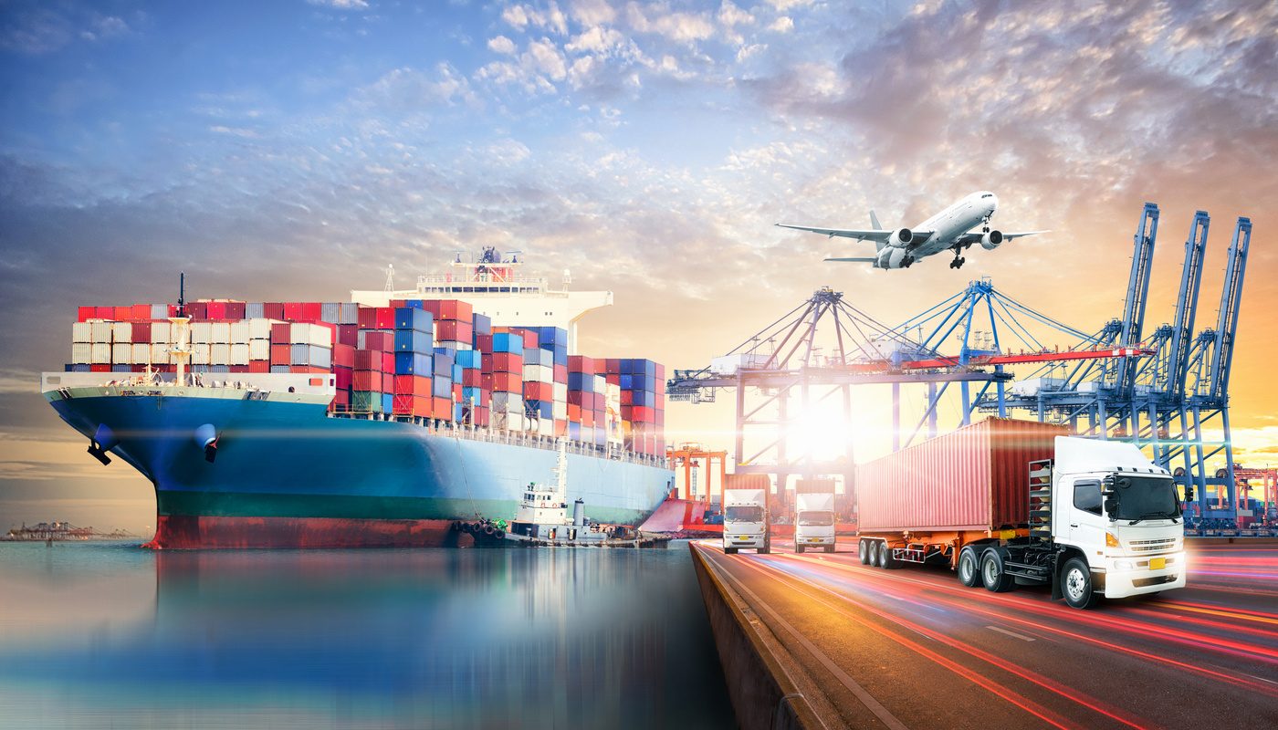 Port with ship, plane and trucks